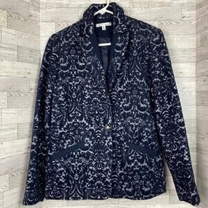 The Cabi Jacquard Jacket #109 Navy Blue Gray Flocked Lined Size 6 EUC Blazer